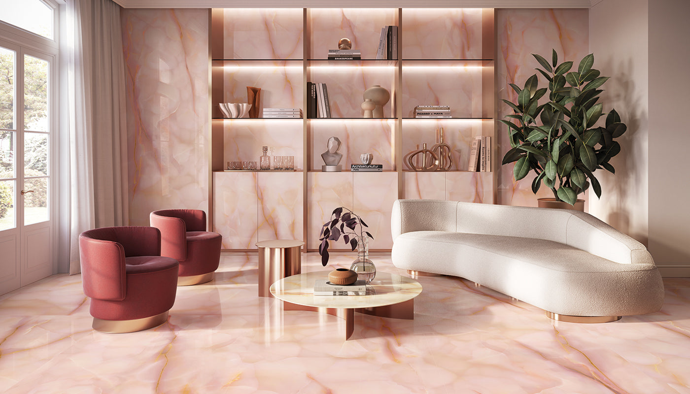 Tele di Marmo Pure Onyx ONYX MALVA porcelain mosaic tile by Emil, full lappato finish, 12"x12" size. Premium Italian porcelain for floors and walls.