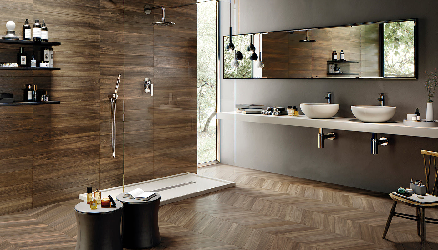 Elegance Wood Nut porcelain field tile by Emil, naturale finish, 4 5/16"x21 1/4"x9-mm size. Premium Italian porcelain for floors and walls.