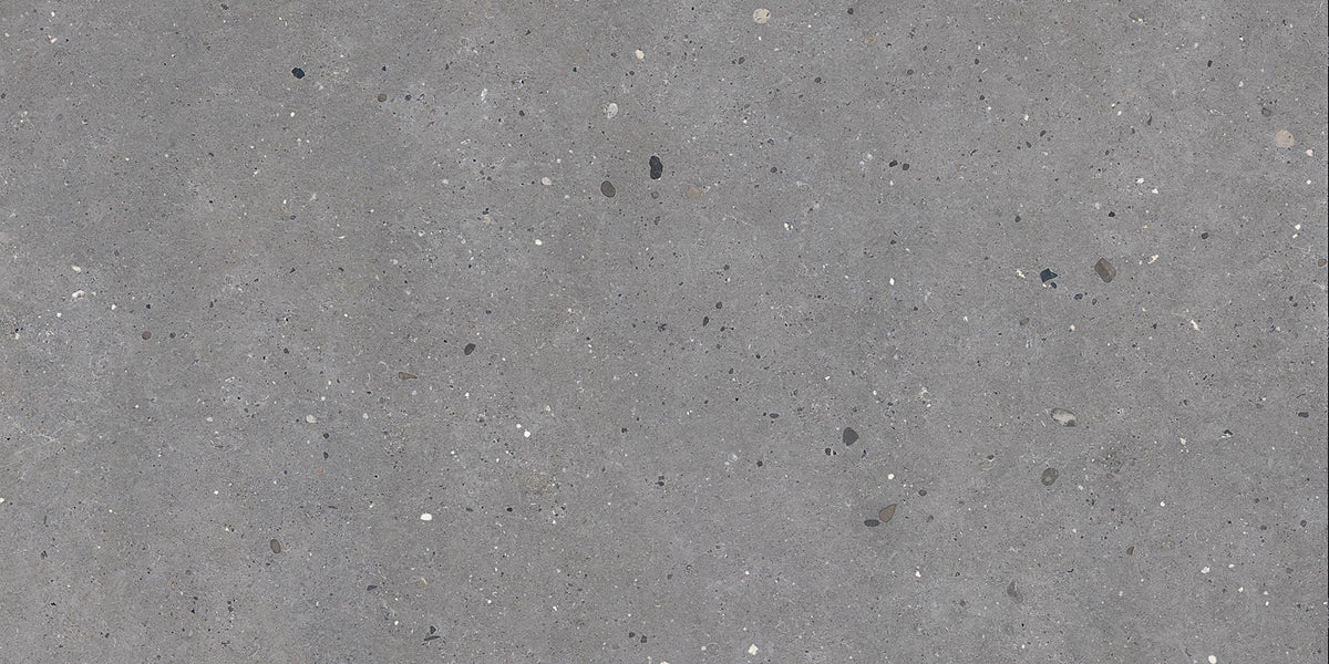 Level Stone Cantera Grey porcelain field tile by Emil, bocciardato finish, 63 25/32"x127 9/16"x20-mm size. Premium Italian porcelain for floors and walls.