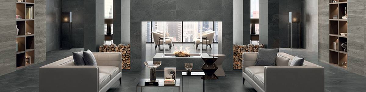 TREK Anthracite porcelain trim, lifestyle installation view 1, 3"×24"×11/32" size. Premium porcelain for floors and walls.