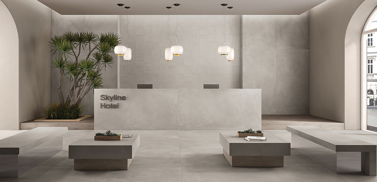 Ergon Slabs USA Grigio Chiaro porcelain field tile by Emil, naturale finish, 63 25/32"x127 9/16"x12-mm size. Premium Italian porcelain for floors and walls.