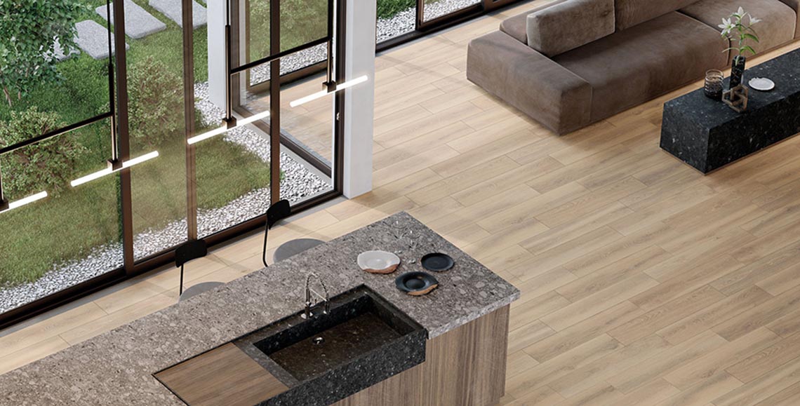 OXFORD Honey porcelain field tile, lifestyle installation view, 8"Γ40"Γ5/16" size. Premium porcelain for floors and walls.