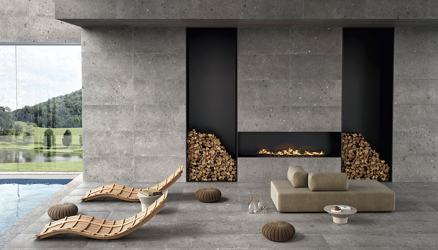 Ego Grigio Scuro porcelain field tile by Emil, tecnica finish, 23 5/8"x47 1/4"x9.5-mm size. Premium Italian porcelain for floors and walls.
