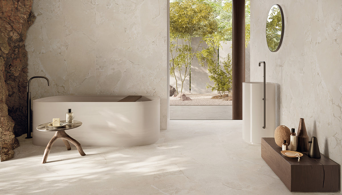 Unique Intensity White porcelain field tile by Emil, tecnica finish, 23 5/8"x47 1/4"x9-mm size. Premium Italian porcelain for floors and walls.