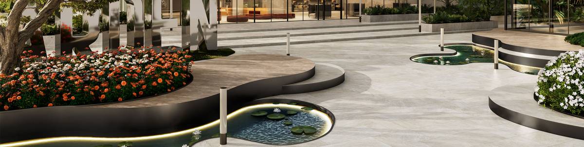 EXPLORE Arctic White porcelain pavers, lifestyle installation view 4, 12"×24"×11/32" size. Premium porcelain for floors and walls.