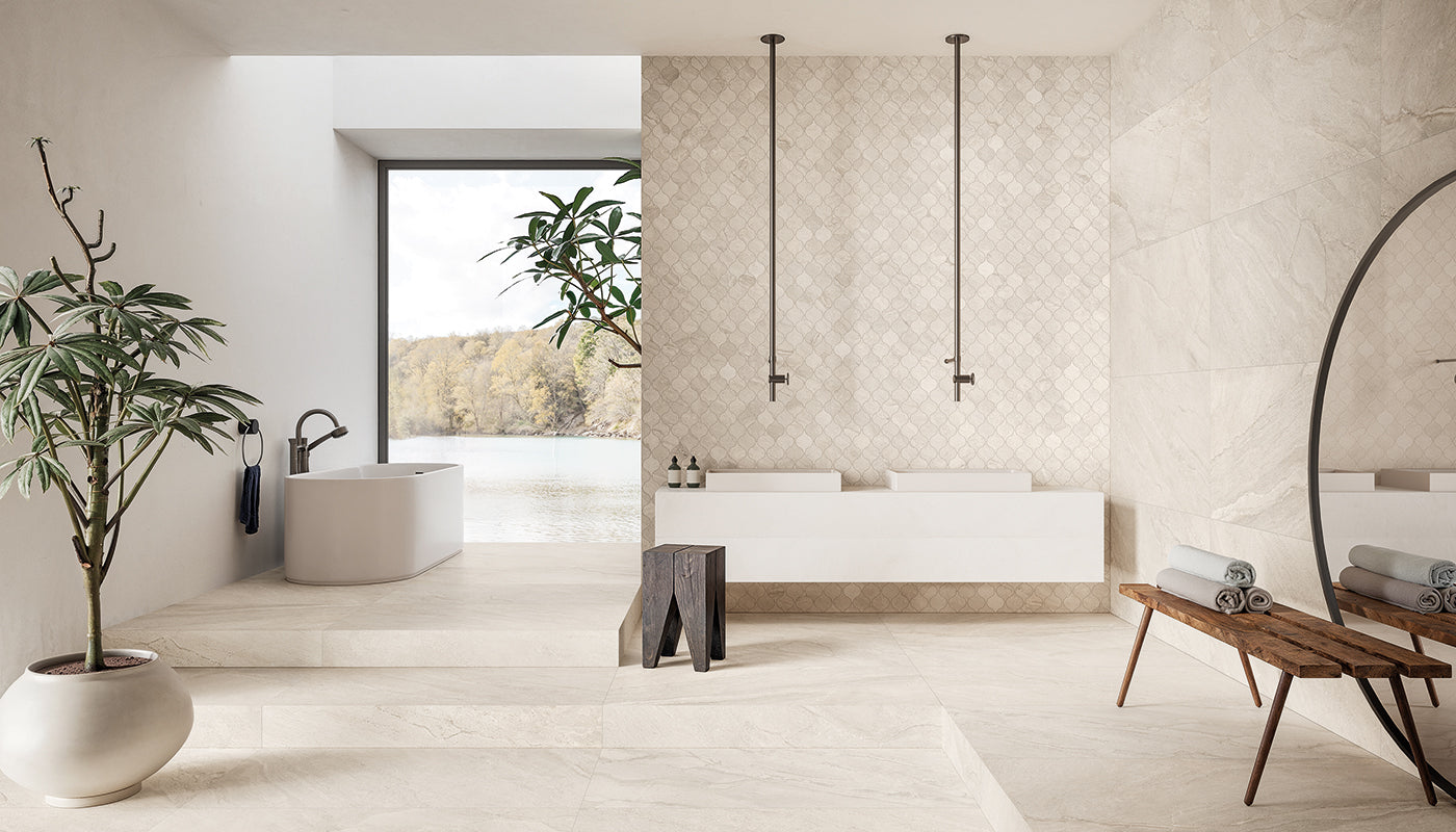 Pietra di Orosei Grigio Conchiglia porcelain field tile by Emil, silktech plus finish, 23 5/8"x47 1/4"x9-mm size. Premium Italian porcelain for floors and walls.