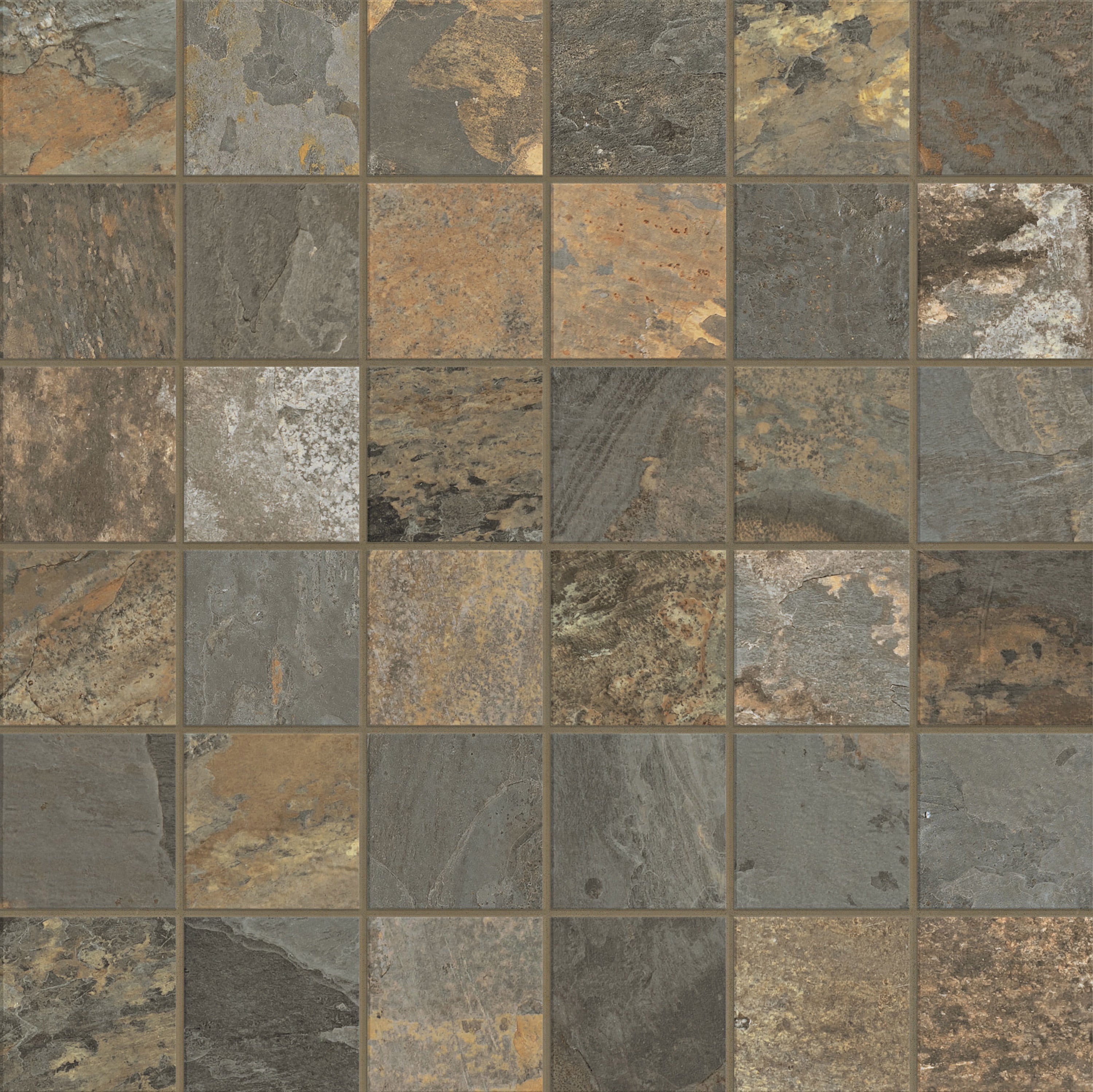 Essence California Gold porcelain mosaic, top-down product view, 12"×12"×11/32" size. Premium porcelain for floors and walls.