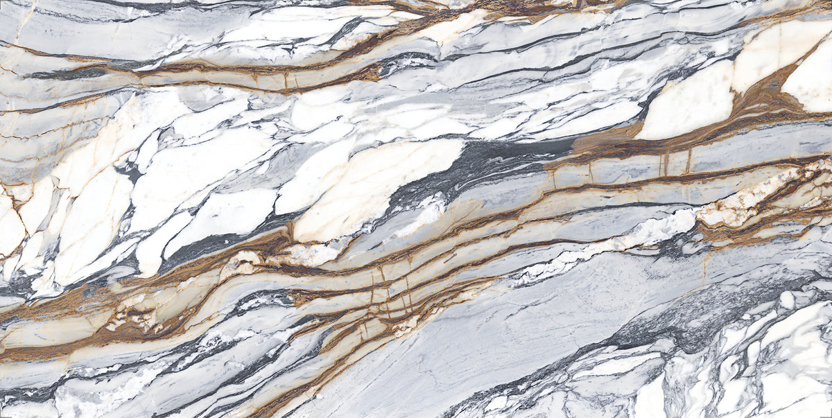 Level Marmi Calacatta Picasso porcelain field tile by Emil, full lappato finish, 63 25/32"x127 9/16"x12-mm size. Premium Italian porcelain for floors and walls.