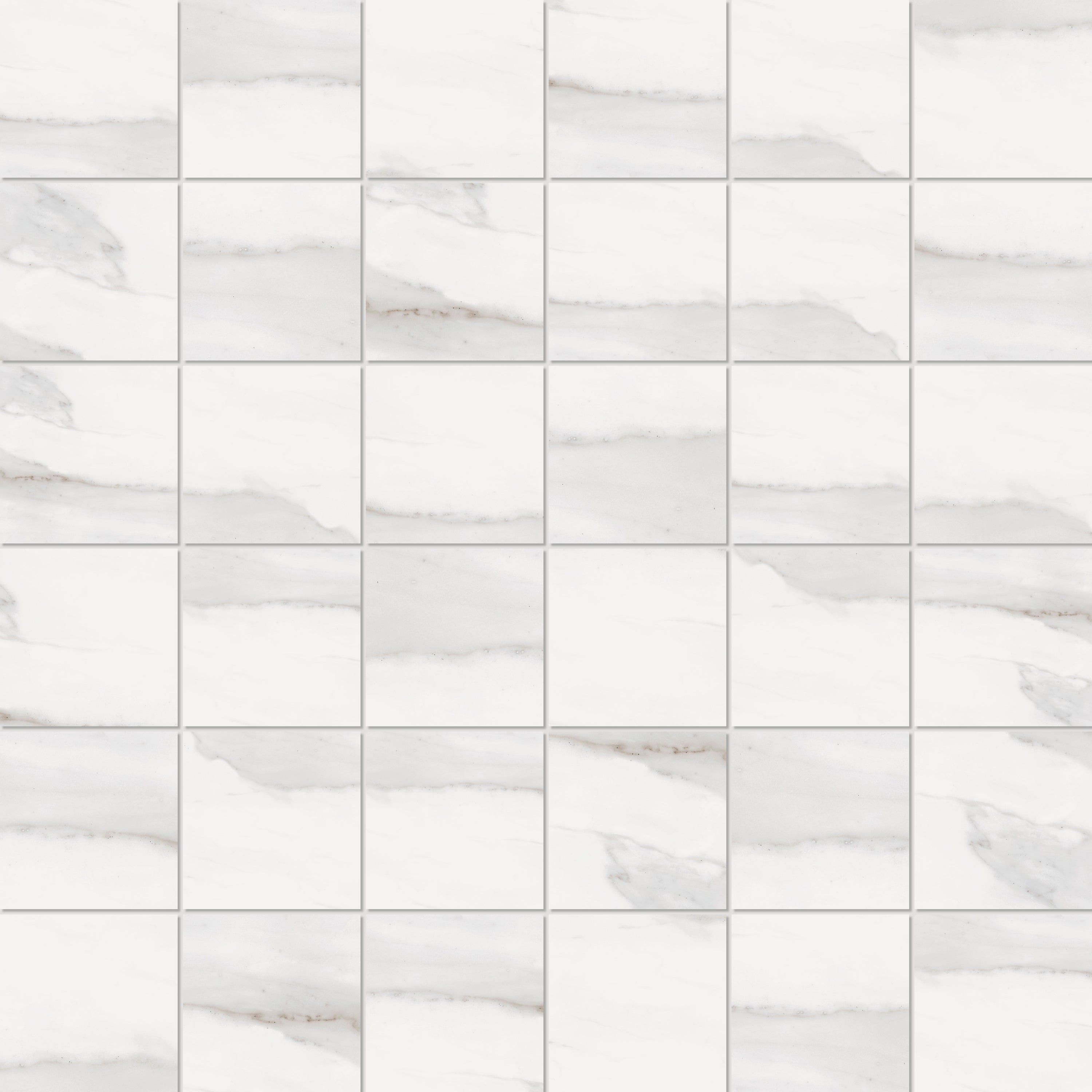 TUSCANY White porcelain mosaic, top-down product view, 12"×12"×5/16" size. Premium porcelain for floors and walls.