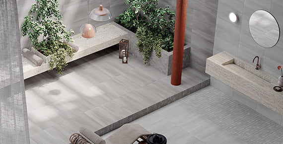 MIAMI Grey porcelain trim, lifestyle installation view 1, 3"Γ24"Γ5/16" size. Premium porcelain for floors and walls.