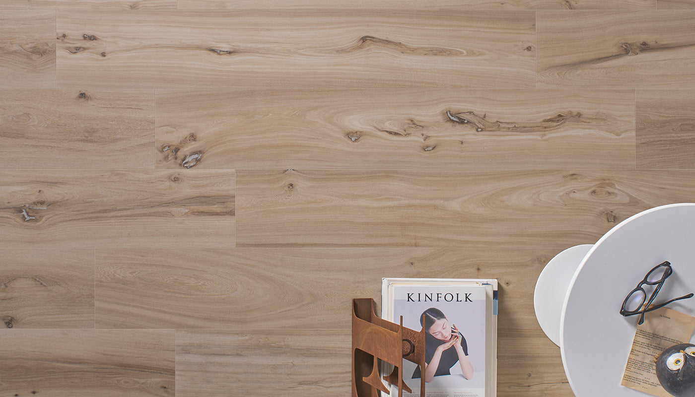 Millelegni Remake OLMO NATURALE porcelain field tile by Emil, tecnica finish, 8"x48" size. Premium Italian porcelain for floors and walls.