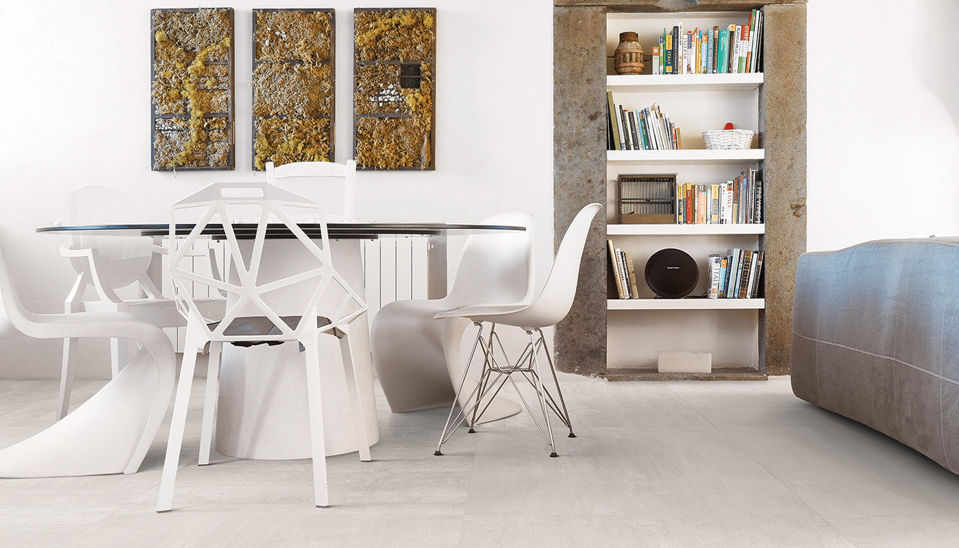 Gesso Natural White porcelain field tile by Emil, naturale finish, 11 13/16"x23 5/8"x9.5-mm size. Premium Italian porcelain for floors and walls.
