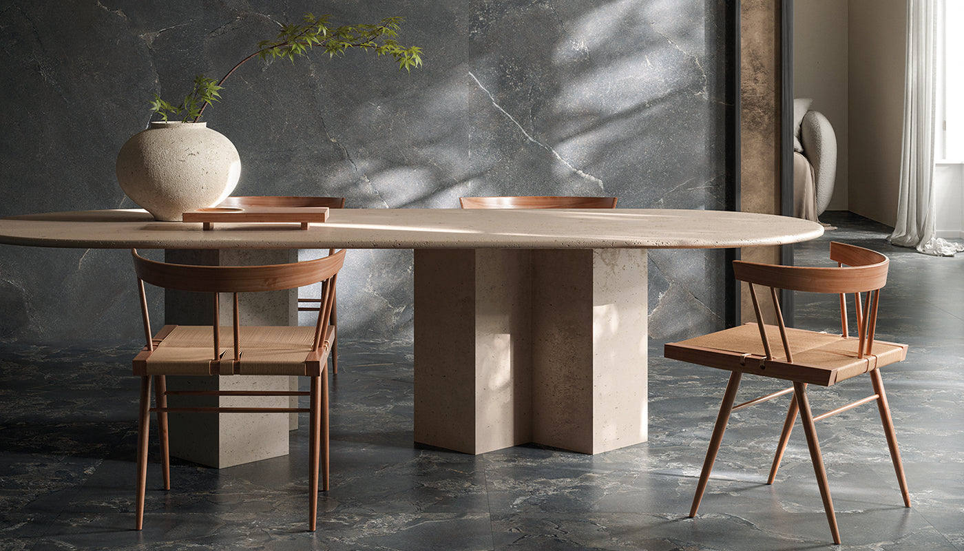 Unique Intensity Black porcelain field tile by Emil, naturale finish, 47 1/4"x109 7/16"x6.5-mm size. Premium Italian porcelain for floors and walls.