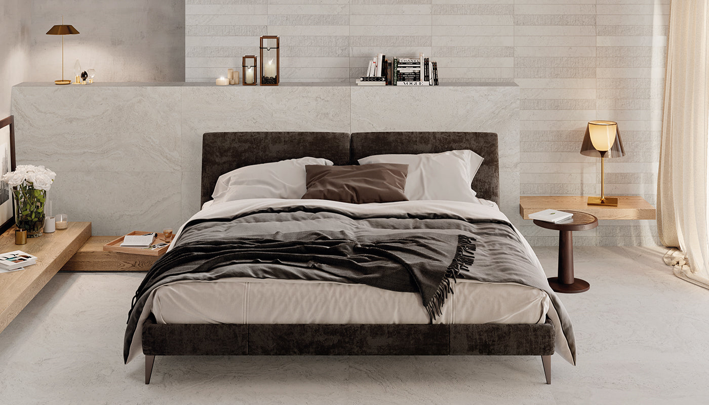 Unique Travertine Silver porcelain field tile by Emil, naturale finish, 23 5/8"x47 1/4"x9.5-mm size. Premium Italian porcelain for floors and walls.