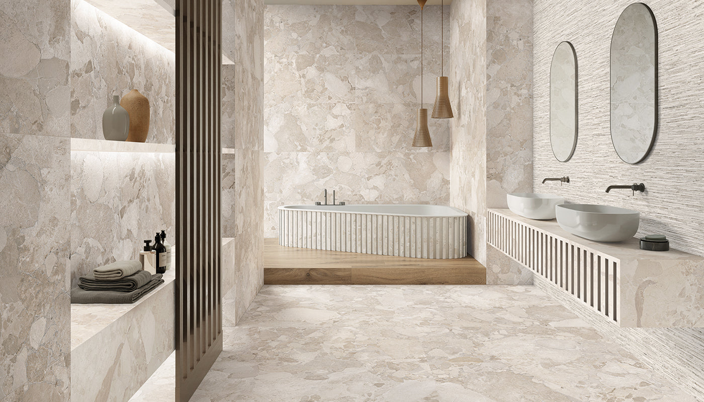 Matera Stone White porcelain field tile by Emil, silktech plus finish, 23 5/8"x47 1/4"x9-mm size. Premium Italian porcelain for floors and walls.