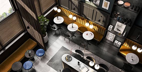 CHICAGO Silver porcelain trim, lifestyle installation view 1, 3"Γ24"Γ5/16" size. Premium porcelain for floors and walls.