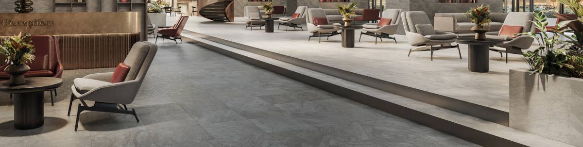EXPLORE Arctic White porcelain pavers, lifestyle installation view 1, 12"Γ24"Γ11/32" size. Premium porcelain for floors and walls.