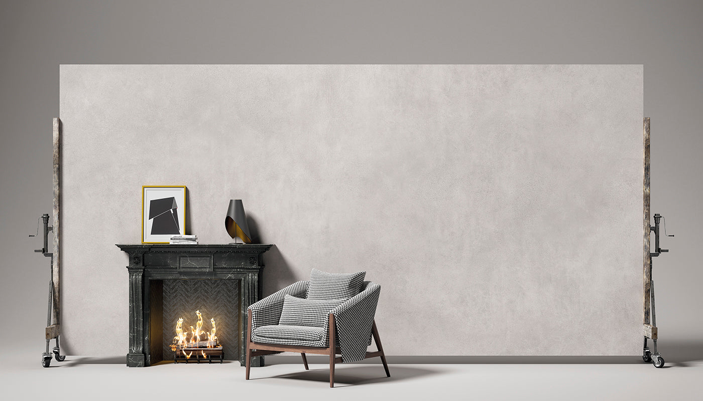 Level Concrete Ash porcelain field tile by Emil, naturale finish, 62 63/64"x125 63/64"x6.5-mm size. Premium Italian porcelain for floors and walls.