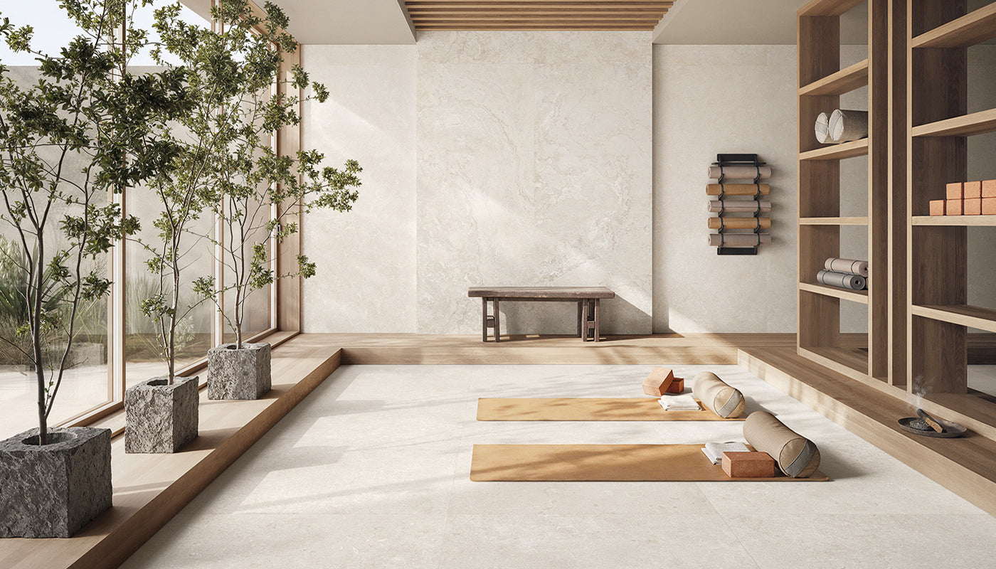 Unique Bourgogne Blanc porcelain field tile by Emil, tecnica finish, 23 5/8"x47 1/4"x9-mm size. Premium Italian porcelain for floors and walls.