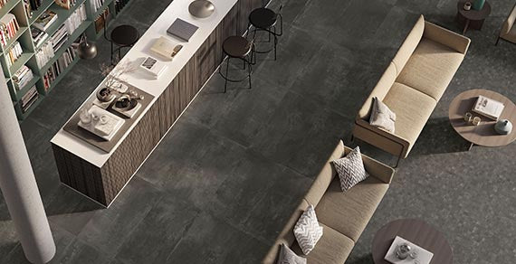 Seattle Black porcelain trim, lifestyle installation view 2, 3"×24"×5/16" size. Premium porcelain for floors and walls.