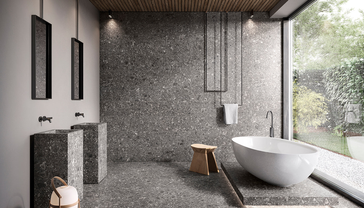 Lombarda NERO porcelain mosaic tile by Emil, lappato finish, 12"x24" size. Premium Italian porcelain for floors and walls.