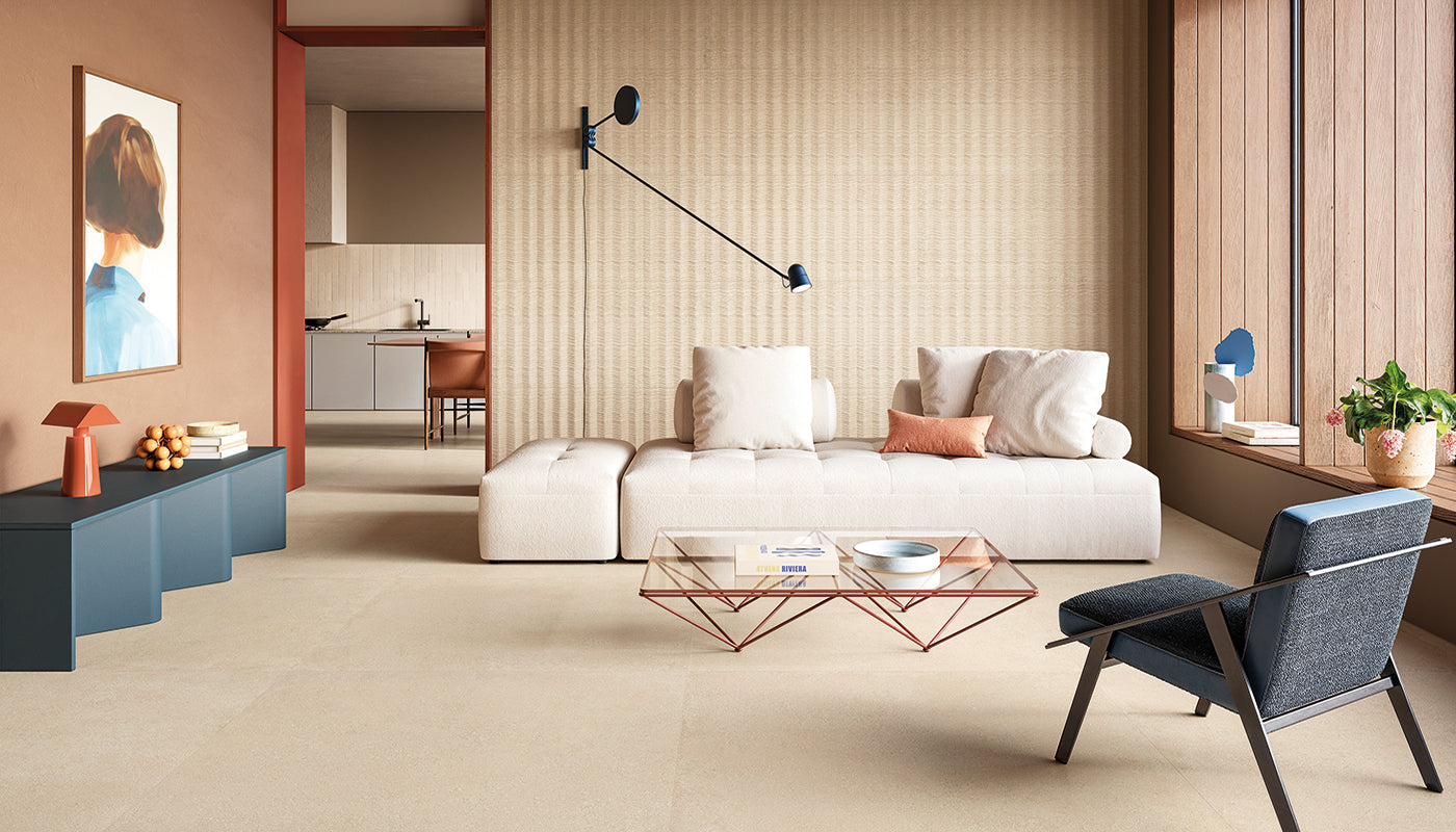 Pietra Essenza Mandorla porcelain field tile by Emil, silktech plus finish, 23 5/8"x47 1/4"x9-mm size. Premium Italian porcelain for floors and walls.