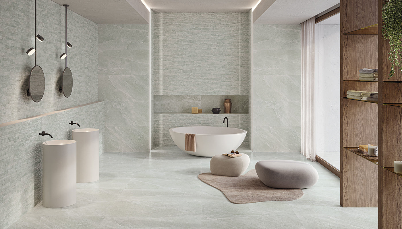 Salt Stone Green Emerald porcelain field tile by Emil, naturale finish, 23 5/8"x23 5/8"x9.5-mm size. Premium Italian porcelain for floors and walls.