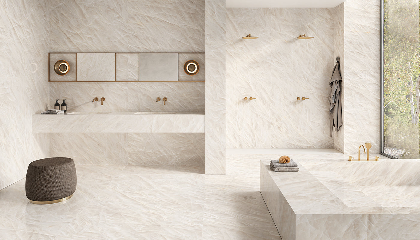 Tele di Marmo Crystal VITRUM WHITE porcelain field tile by Emil, silktech finish, 48"x48" size. Premium Italian porcelain for floors and walls.