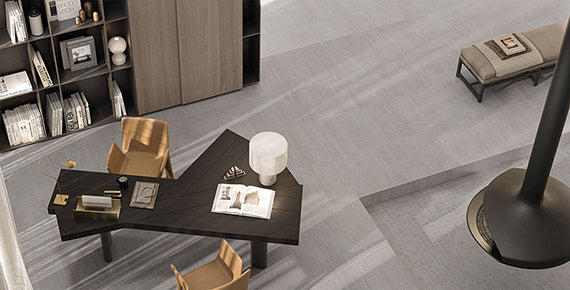 BROOKLYN Grey porcelain trim, lifestyle installation view 1, 3"Γ24"Γ5/16" size. Premium porcelain for floors and walls.