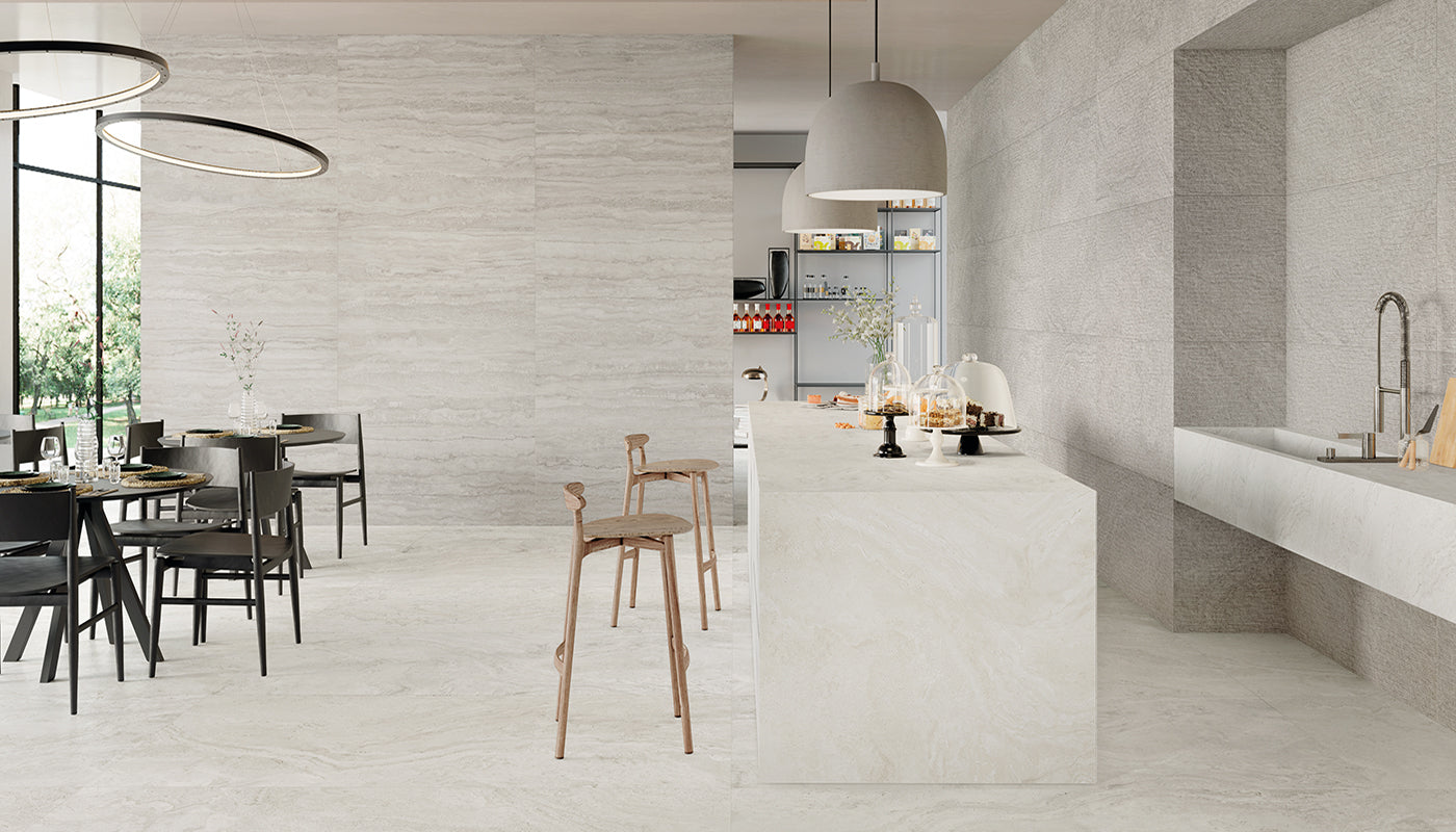 Unique Travertine Silver porcelain field tile by Emil, tecnica finish, 23 5/8"x47 1/4"x9.5-mm size. Premium Italian porcelain for floors and walls.