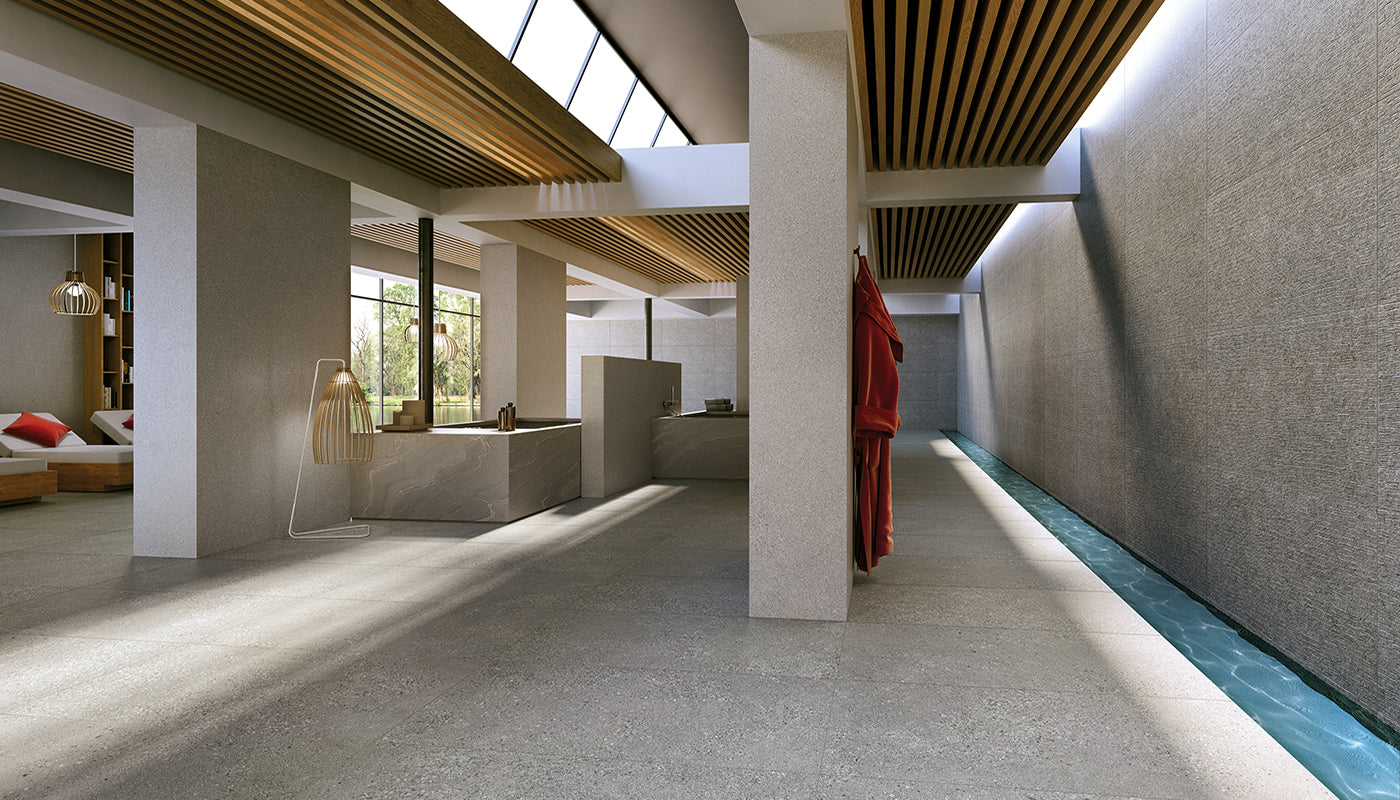Grain Stone Grey porcelain field tile by Emil, tecnica finish, 23 5/8"x47 1/4"x9.5-mm size. Premium Italian porcelain for floors and walls.