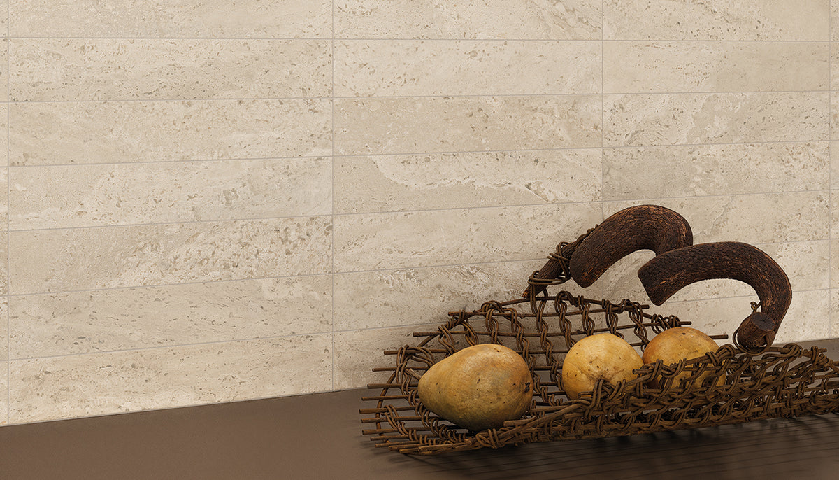 Dual Travertine Beige porcelain field tile by Emil, silktech plus finish, 23 5/8"x47 1/4"x9-mm size. Premium Italian porcelain for floors and walls.