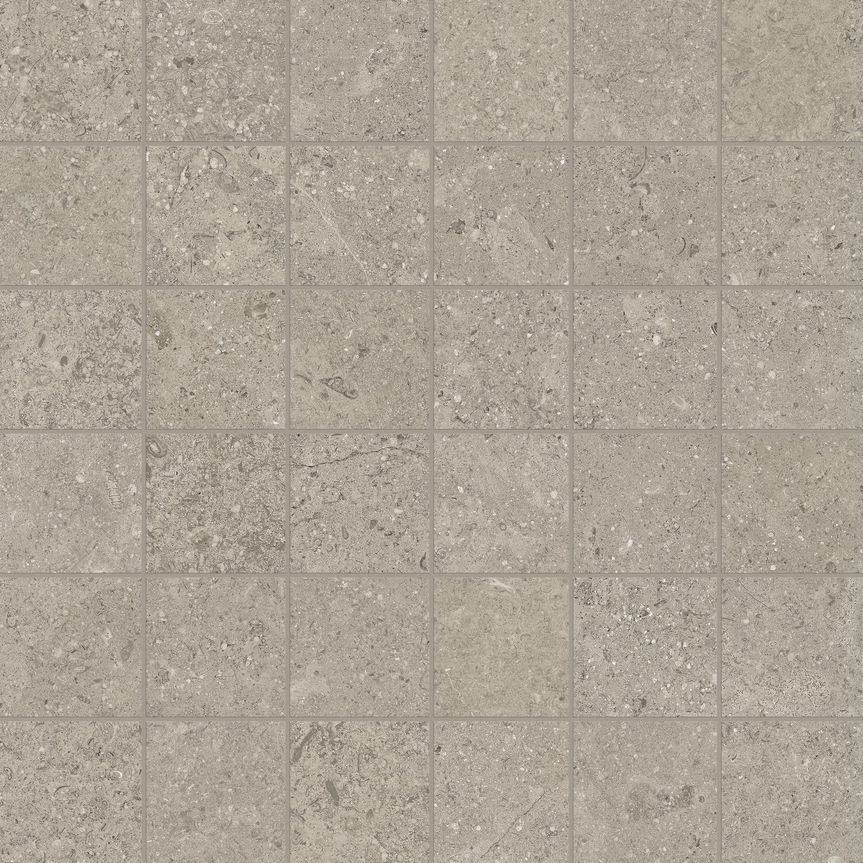 Mood Taupe porcelain mosaic, top-down product view, 12"×12"×11/32" size. Premium porcelain for floors and walls.