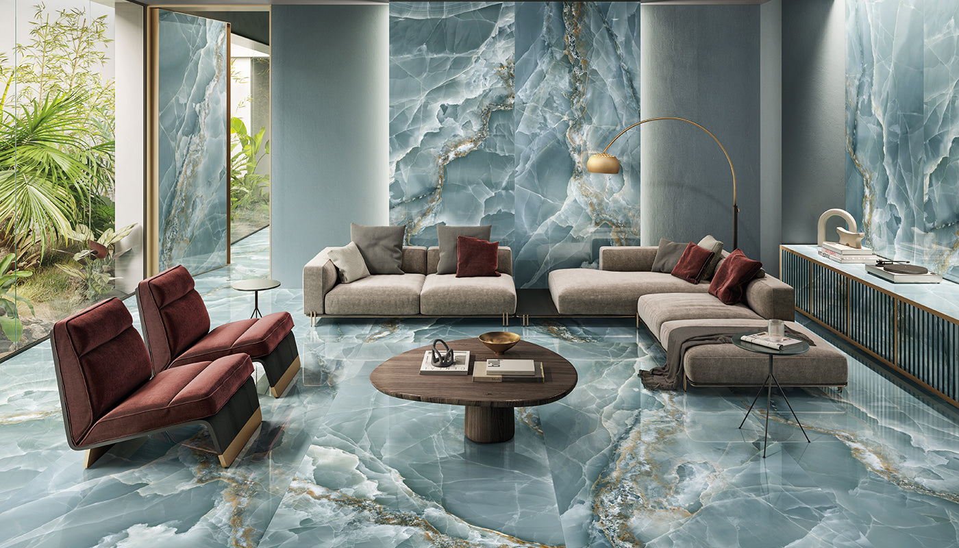 Tele di Marmo Onyx ONYX GREEN porcelain mosaic tile by Emil, full lappato finish, 12"x12" size. Premium Italian porcelain for floors and walls.