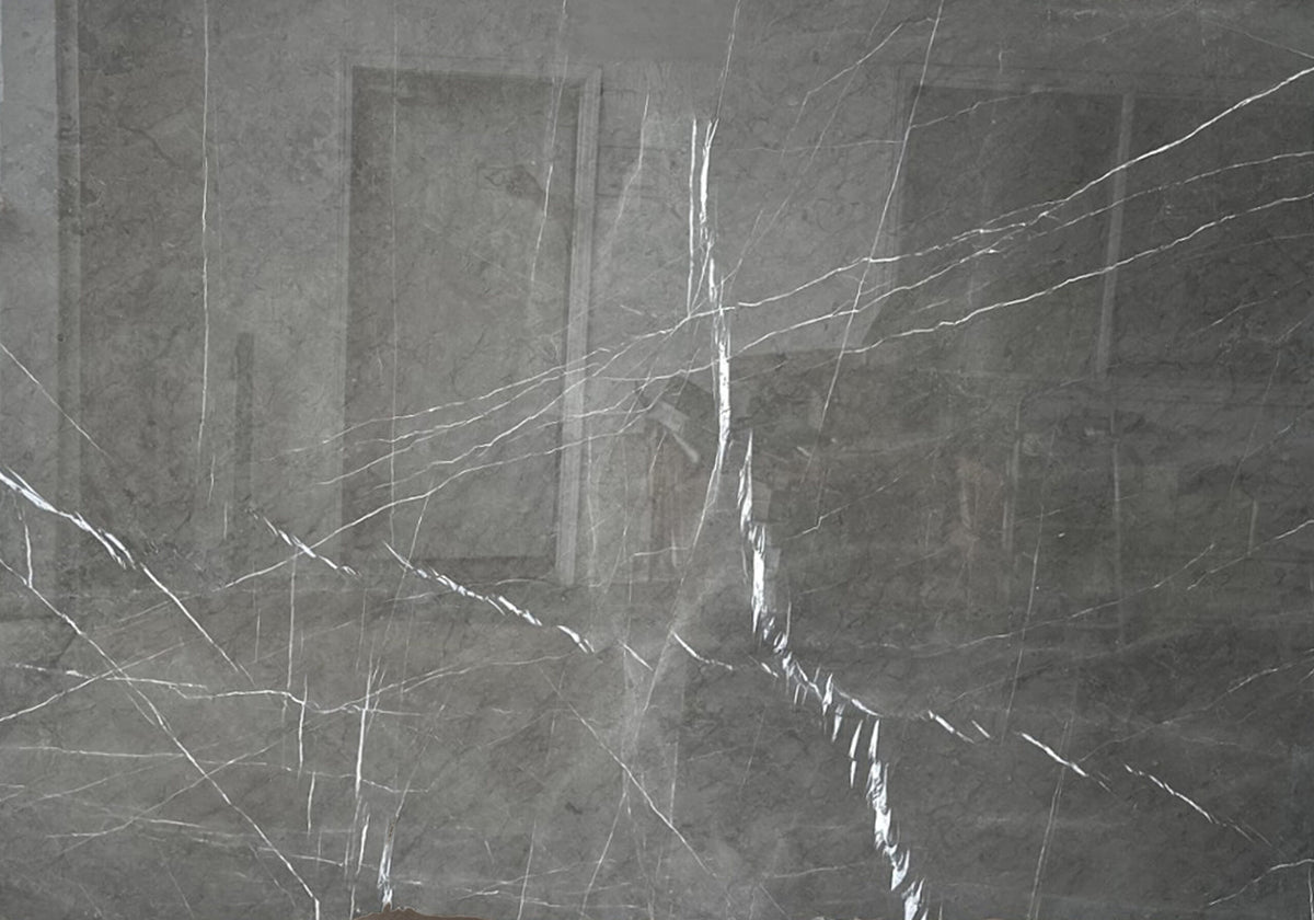 Marble Slabs Pietra Gray marble slabs, top-down product view. Premium marble for floors and walls.