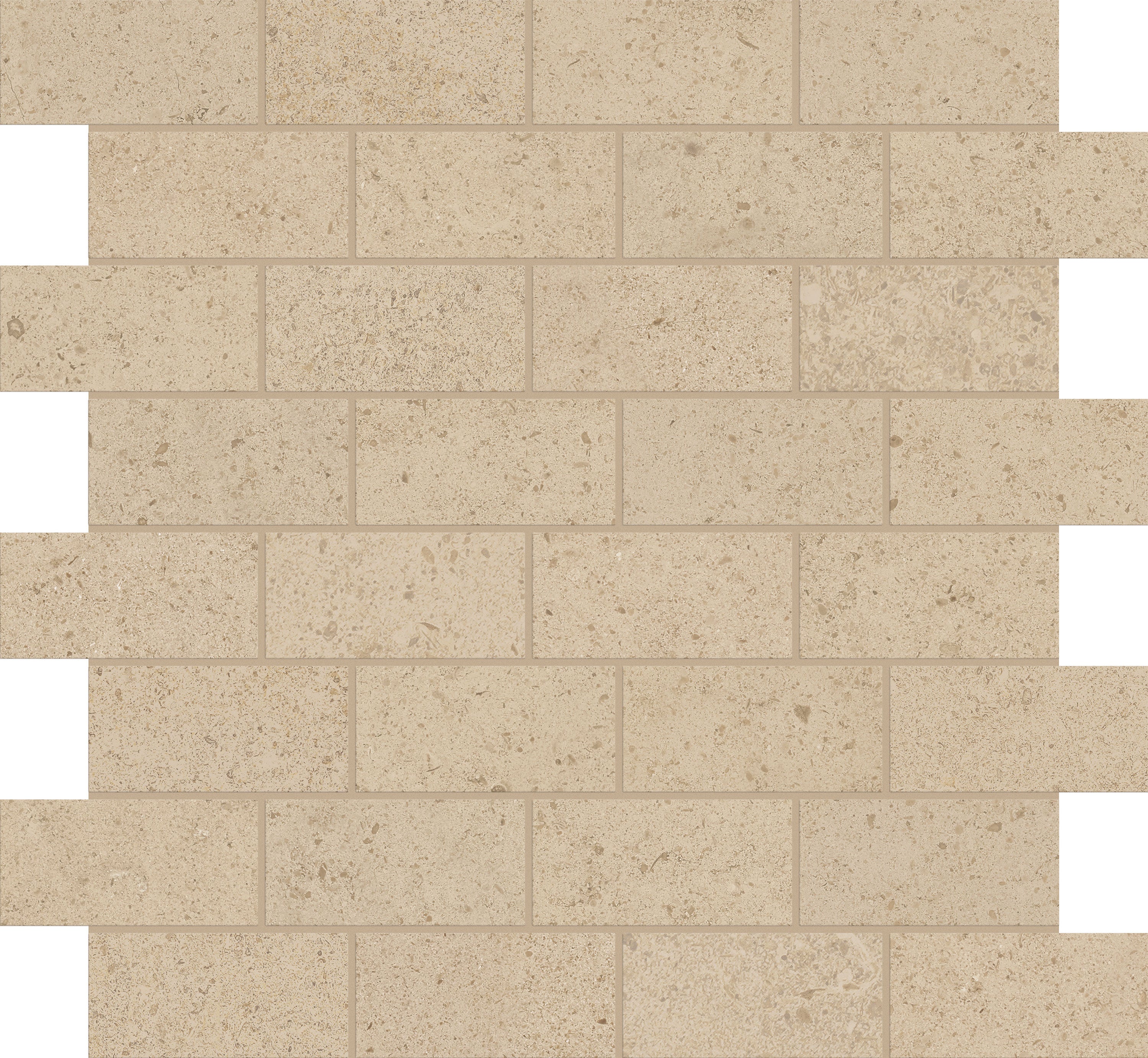 Mood Biscuit porcelain mosaic, top-down product view, 12"×12"×11/32" size. Premium porcelain for floors and walls.
