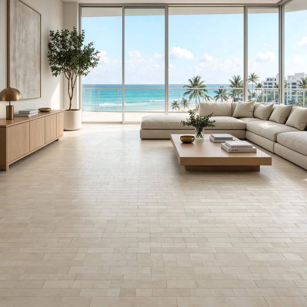 Ivory Travertine Ivory travertine field tile, top-down product view, 2 3/4"×5 1/2"×3/8" size. Premium travertine for floors and walls.