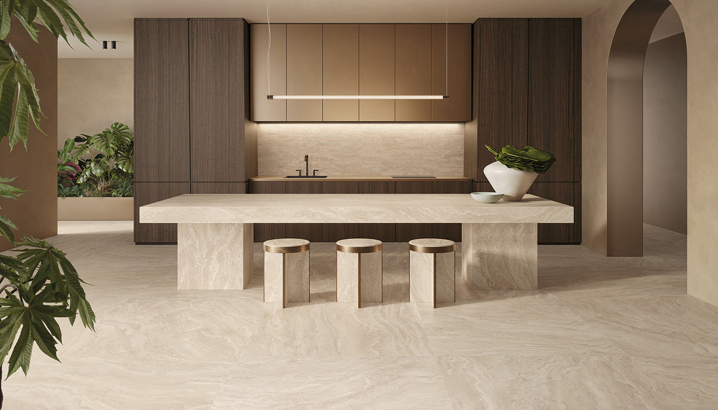 Dual Travertine Beige porcelain field tile by Emil, silktech plus finish, 23 5/8"x47 1/4"x9-mm size. Premium Italian porcelain for floors and walls.