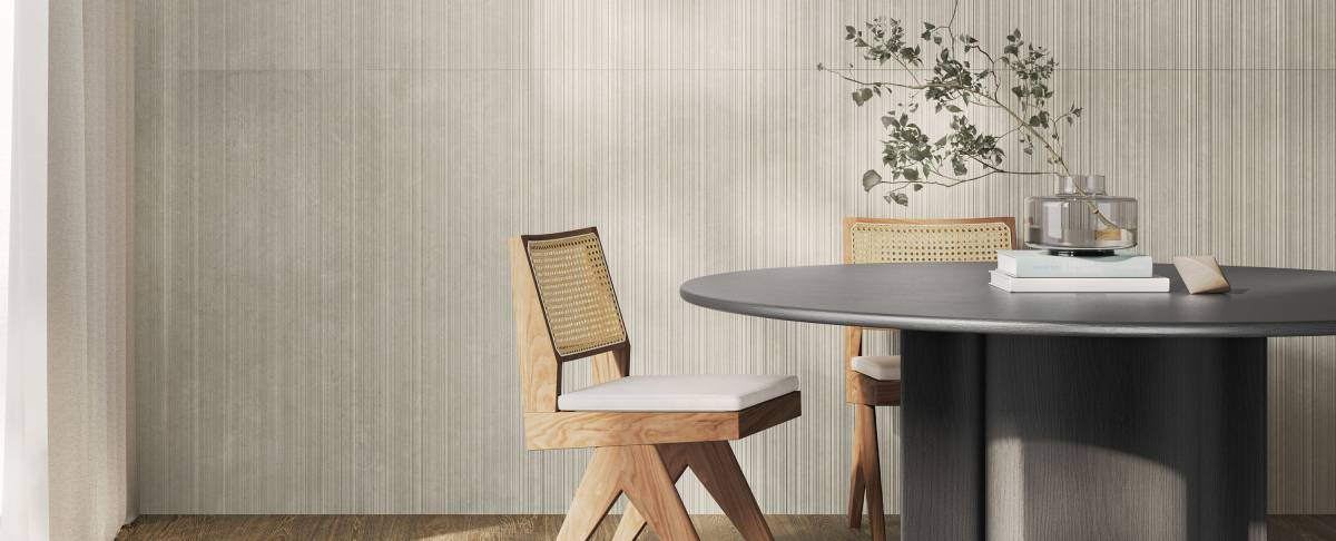 Veneer World Atelier Frame International White porcelain wall veneer, lifestyle installation view 1, 24"Γ48"Γ11/32" size. Premium porcelain for floors and walls.