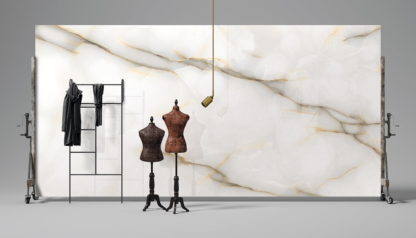 Level Marmi Onyx Perla porcelain field tile by Emil, lappato matt finish, 63 25/32"x127 9/16"x12-mm size. Premium Italian porcelain for floors and walls.