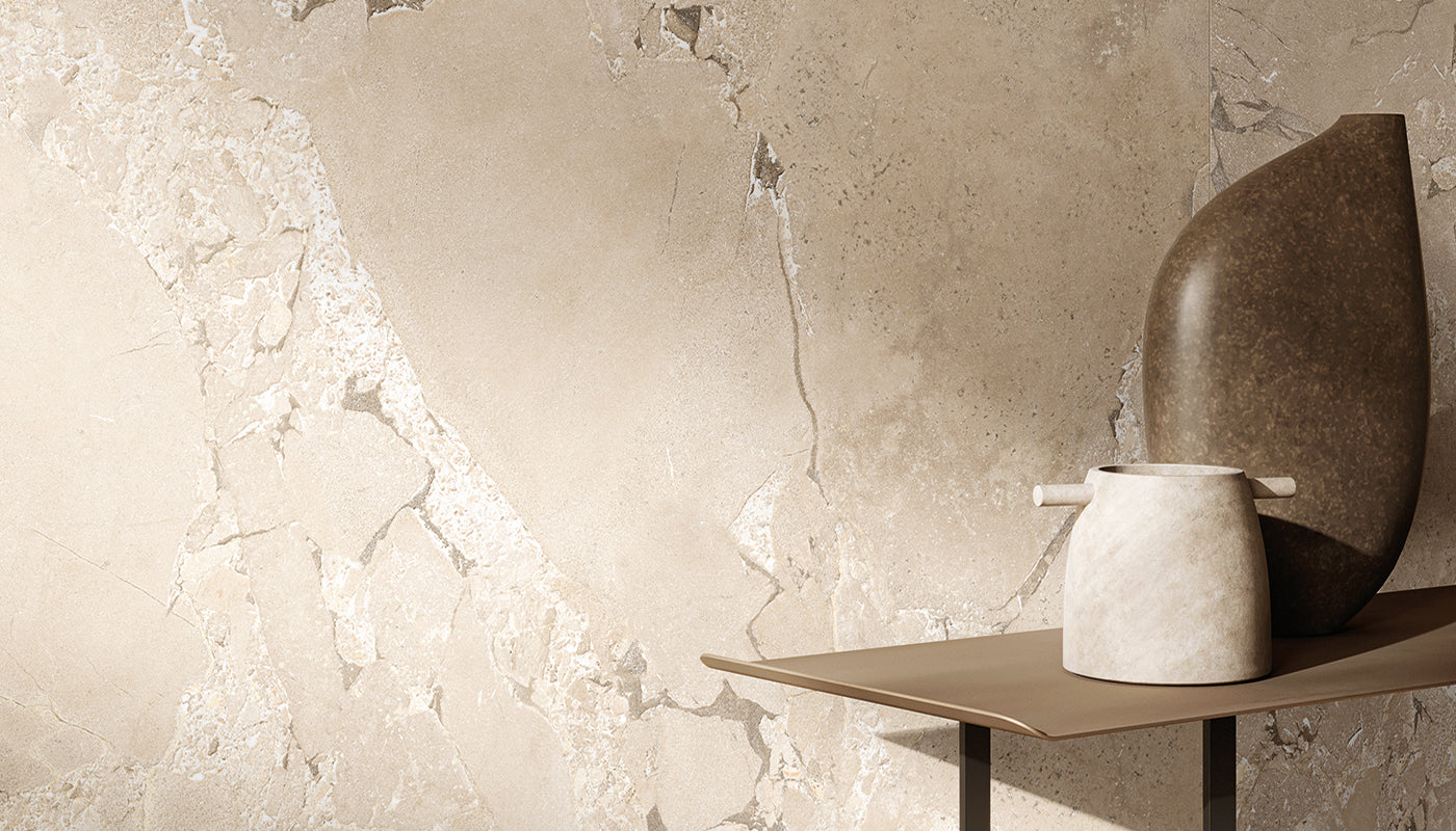 Unique Intensity Beige porcelain field tile by Emil, naturale finish, 47 1/4"x109 7/16"x6.5-mm size. Premium Italian porcelain for floors and walls.