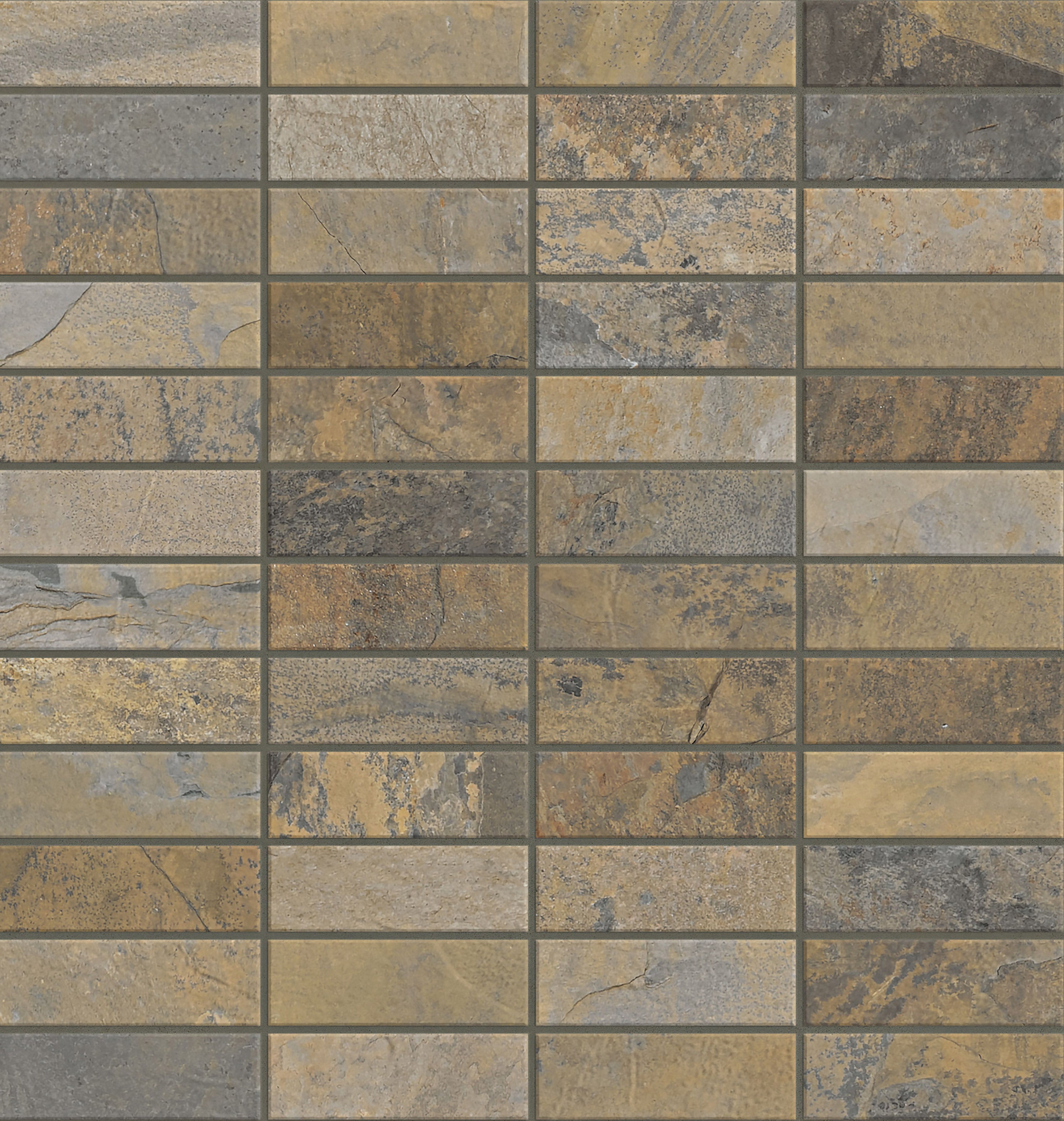 Essence Rustic Gold porcelain mosaic, top-down product view, 12"×12"×11/32" size. Premium porcelain for floors and walls.