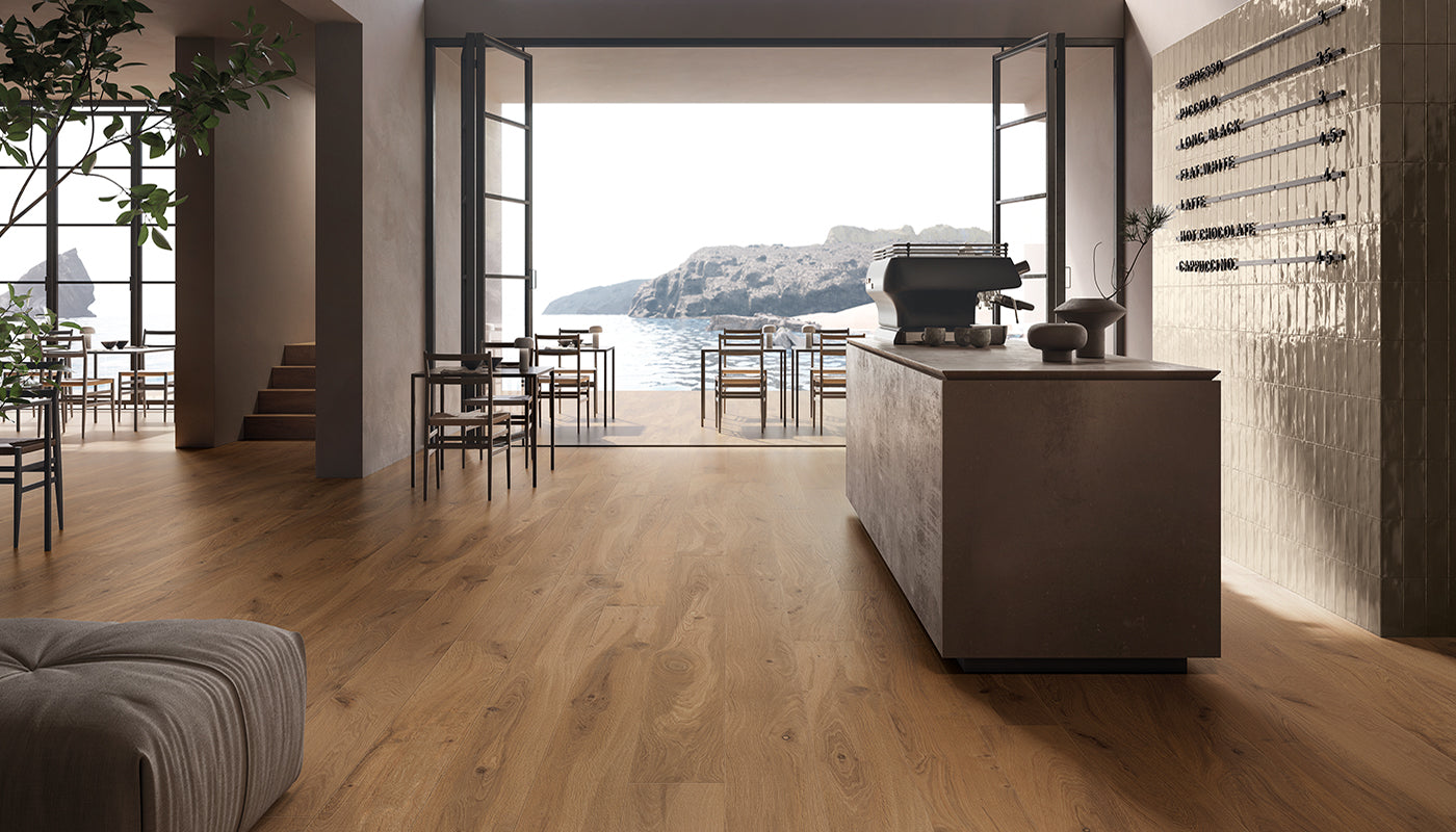 I-Wood ROVERE IMBRUNITO porcelain field tile by Emil, naturale finish, 9"x71" size. Premium Italian porcelain for floors and walls.