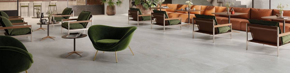 JOURNEY Natural Ivory porcelain pavers, lifestyle installation view 1, 12"×24"×11/32" size. Premium porcelain for floors and walls.