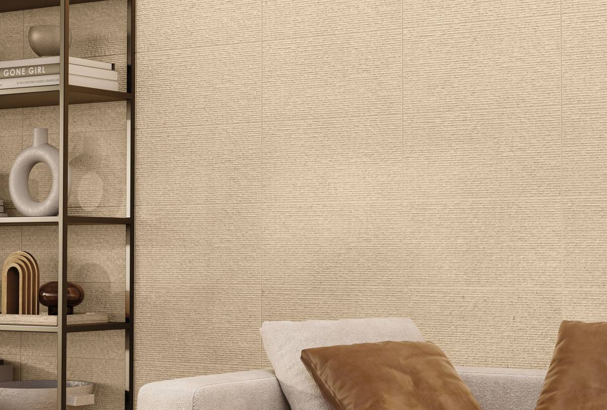 Veneer World Atelier Mood Limestone porcelain wall veneer, lifestyle installation view 1, 12"Γ24"Γ11/32" size. Premium porcelain for floors and walls.