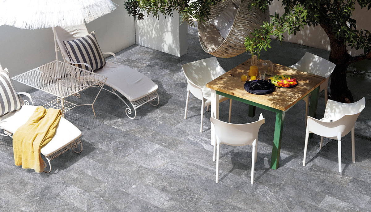 Externa Grigio porcelain field tile by Emil, naturale finish, 7 7/8"x15 3/4"x9.5-mm size. Premium Italian porcelain for floors and walls.