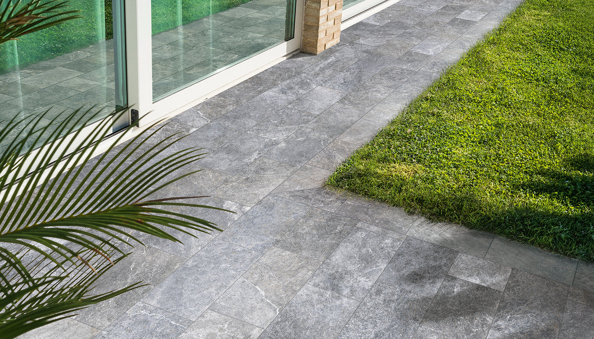 Externa Sabbia porcelain field tile by Emil, naturale finish, 7 7/8"x15 3/4"x9.5-mm size. Premium Italian porcelain for floors and walls.