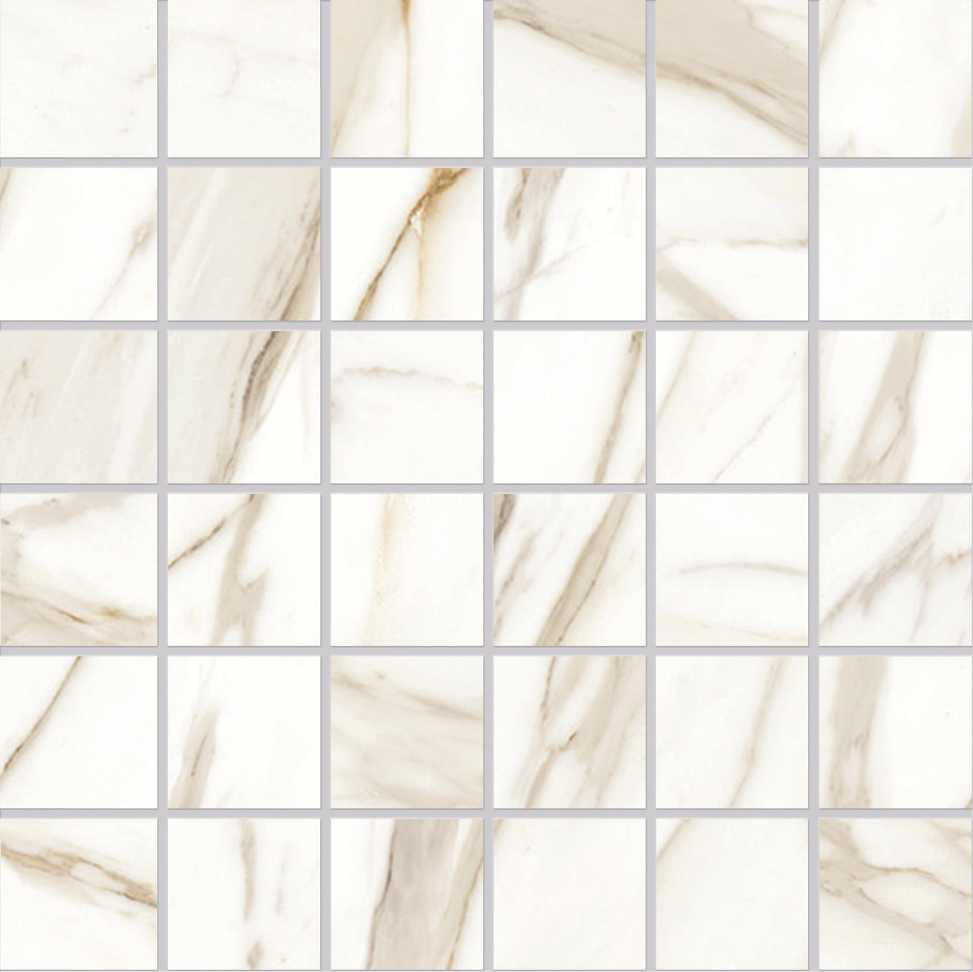 Tele Di Marmo Reloaded CALACATTA GOLD CANOVA porcelain mosaic tile by Emil, full lappato finish, 12"x12" size. Premium Italian porcelain for floors and walls.
