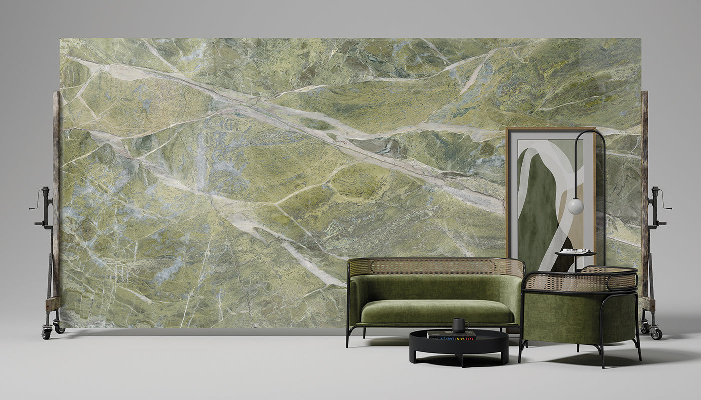 Level Marmi Irish Green porcelain field tile by Emil, full lappato finish, 63 25/32"x127 9/16"x12-mm size. Premium Italian porcelain for floors and walls.