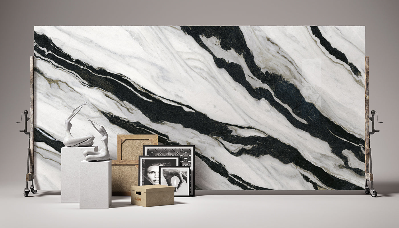 Level Marmi Panda porcelain field tile by Emil, lappato matt finish, 63 25/32"x127 9/16"x12-mm size. Premium Italian porcelain for floors and walls.